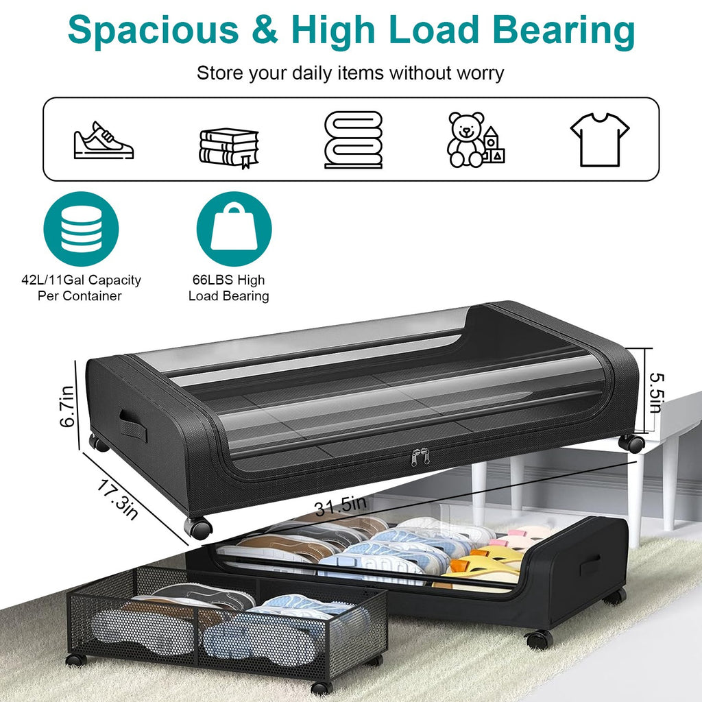 2-Pack Under-Bed Storage Containers – 42L / 11Gal Each, with Lid, Wheels & Handles