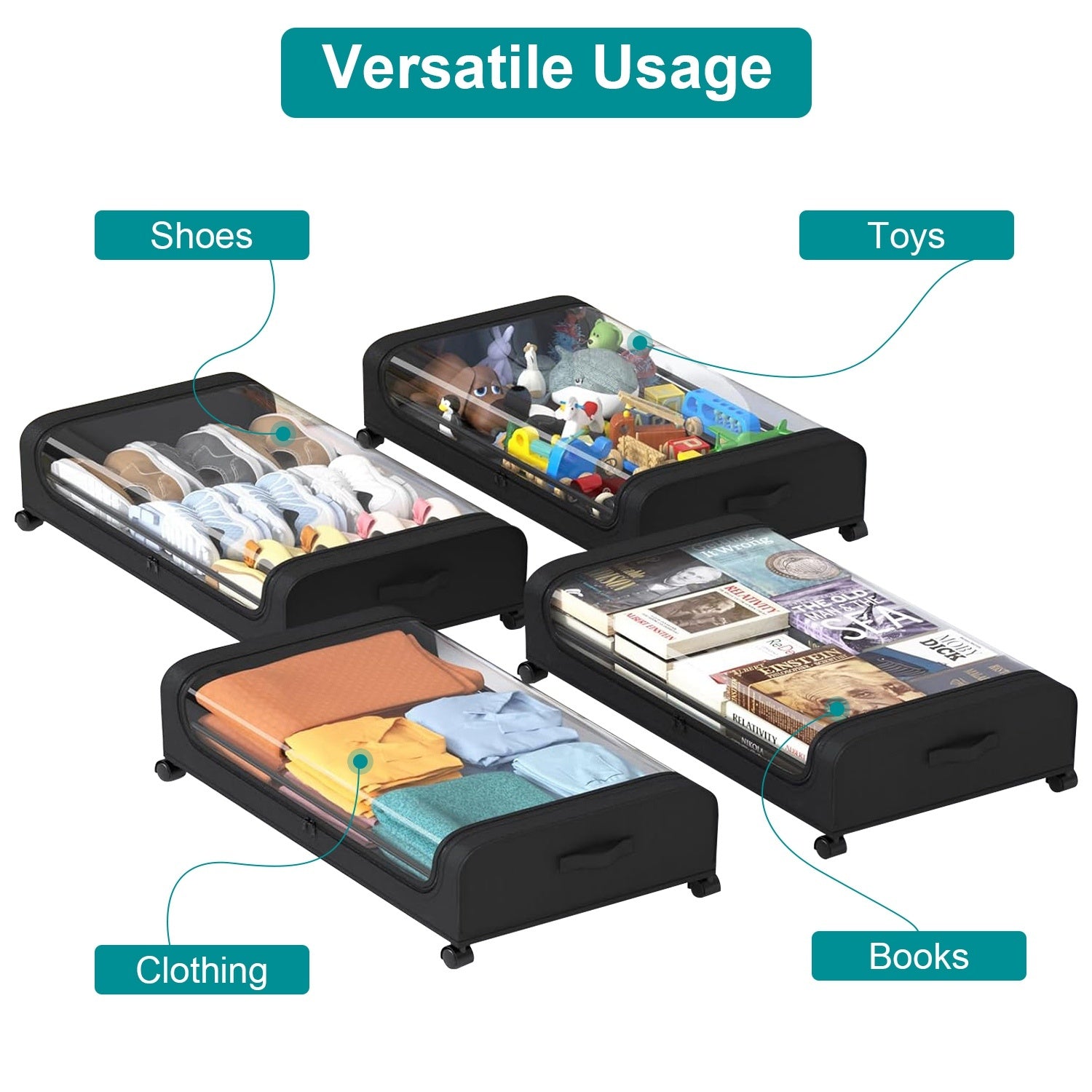 2-Pack Under-Bed Storage Containers – 42L / 11Gal Each, with Lid, Wheels & Handles