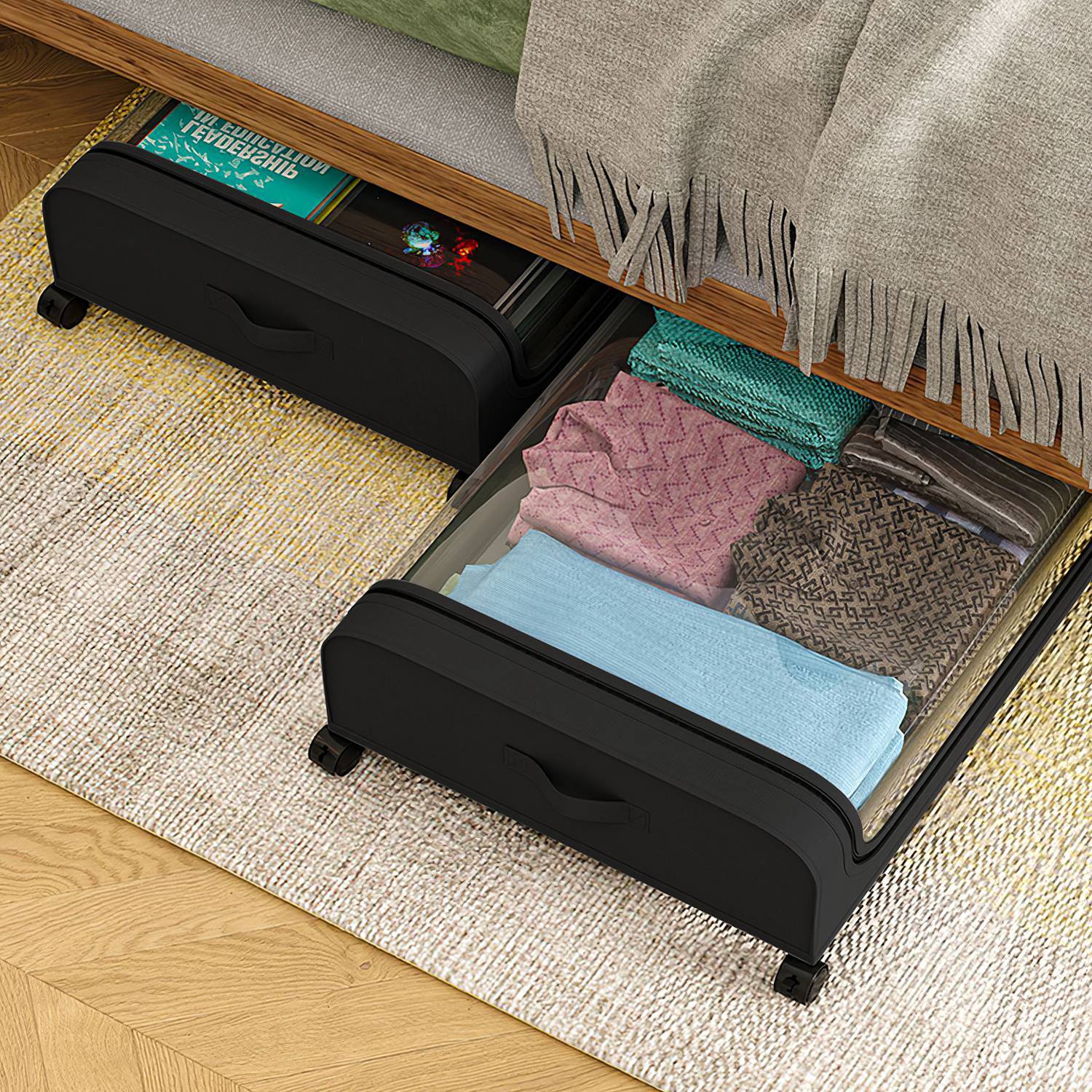 2-Pack Under-Bed Storage Containers – 42L / 11Gal Each, with Lid, Wheels & Handles