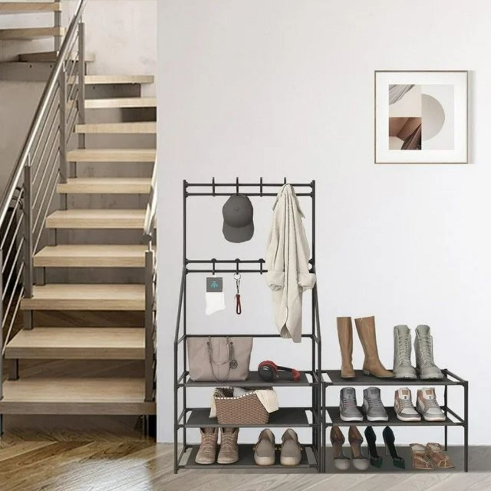 5-Tier Shoe Storage Rack with 8 Hooks – Space-Saving Organizer for Entryway & Closet