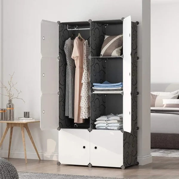 8-Cube Modular Closet Organizer with Hanging Rod – Stackable Plastic Storage Cabinet