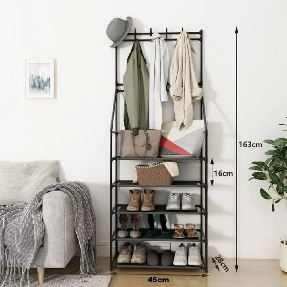 5-Tier Shoe Storage Rack with 8 Hooks – Space-Saving Organizer for Entryway & Closet
