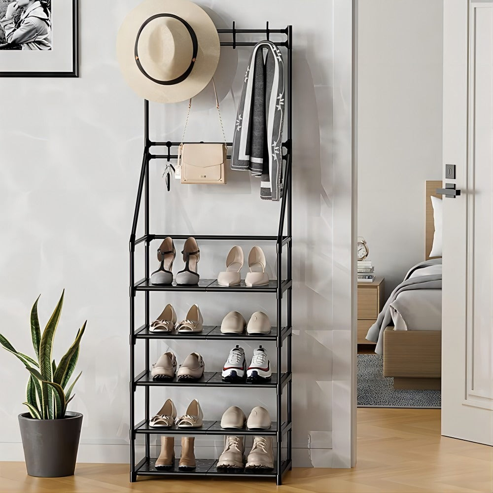 5-Tier Shoe Storage Rack with 8 Hooks – Space-Saving Organizer for Entryway & Closet