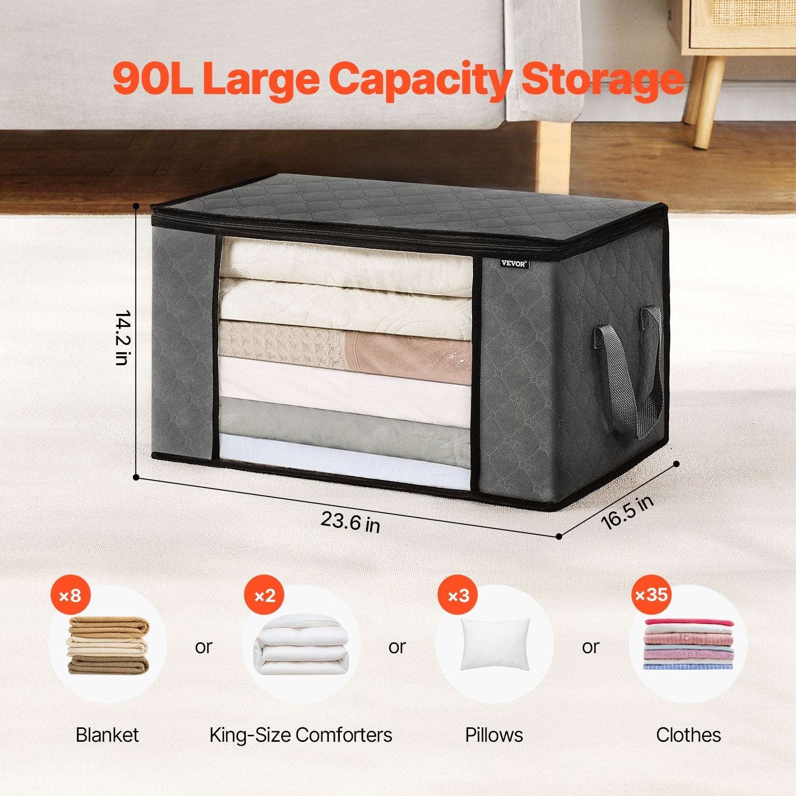 6-Pack Large 90L Clothes Storage Bags – Foldable Fabric Closet Organizers with Handles for Blankets & Bedding